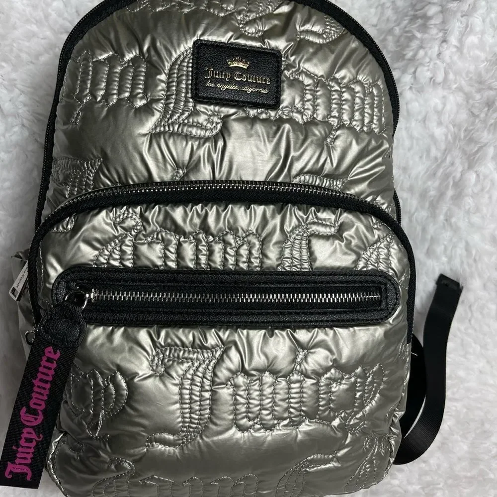 Juicy Couture Metallic quilted silver Backpack with black trim. - Picture 6 of 16